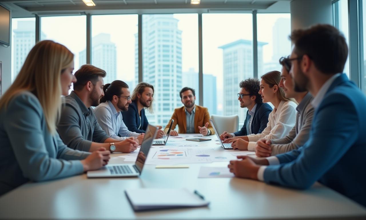 Diverse team of professionals collaborating in a modern office environment.
