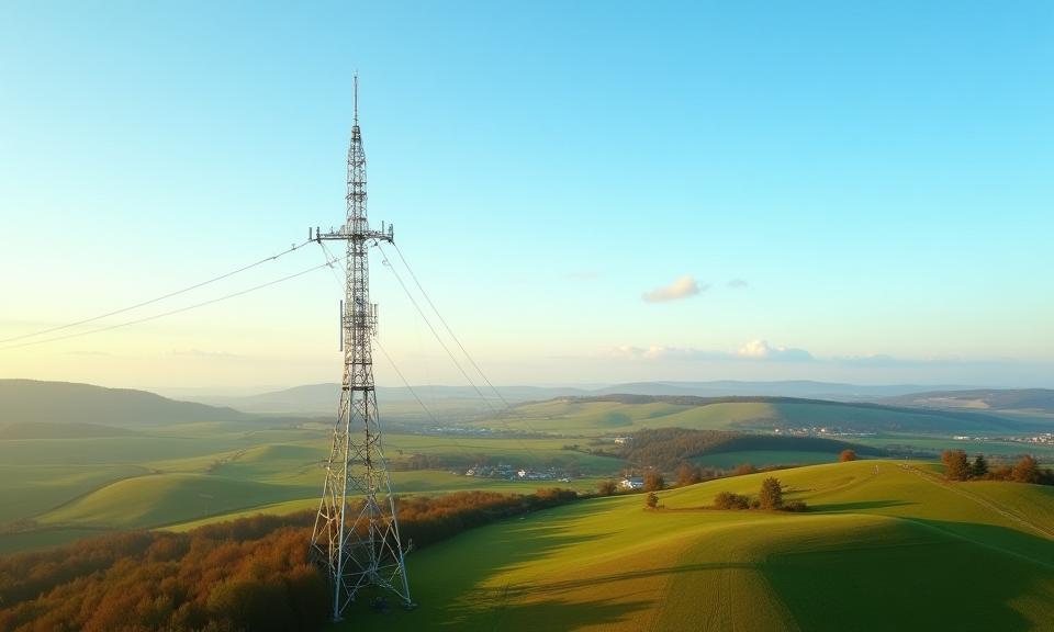 Telecommunication tower in a scenic rural landscape.