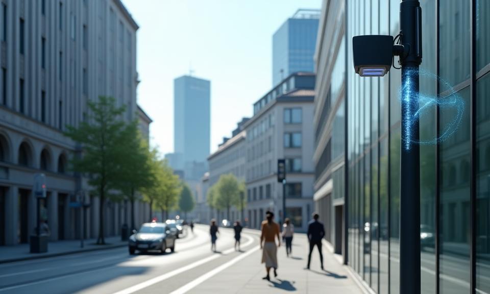 Modern city street with a 5G small cell installation.
