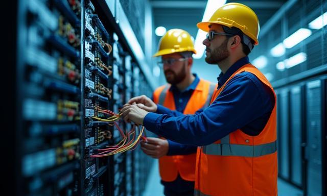 Technicians installing network equipment.